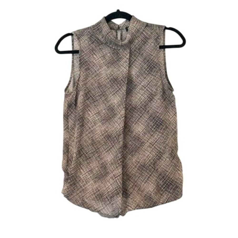 Worth New York Sleeveless Pleated Silk Blouse Size 4 Brown & Cream Career Flowy